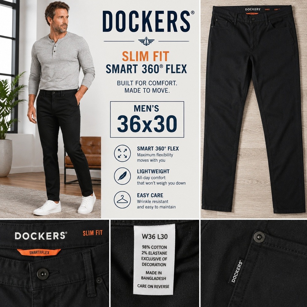 Dockers Mens Smart 360 Flex Slim Fit Pants Black Chinos 36x30 80808-0008